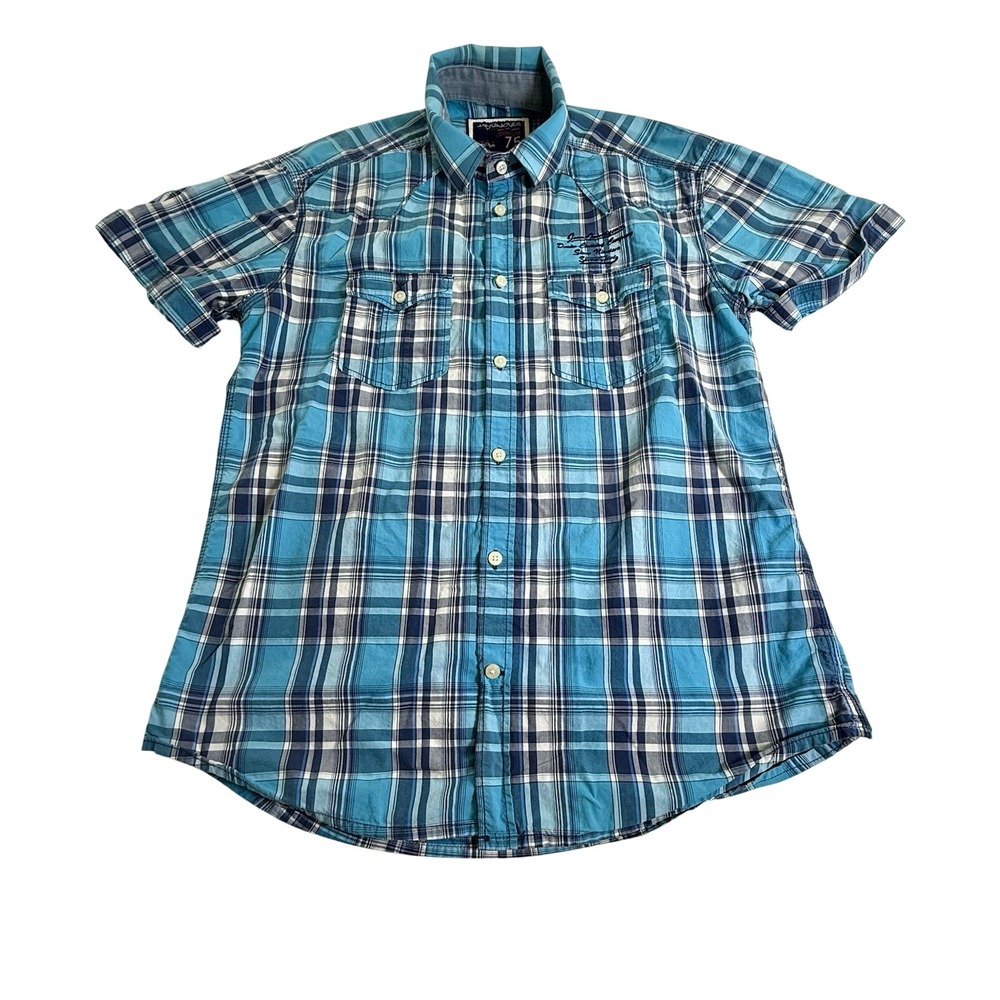 Jack & Jones Button Up Shirt Mens L Blue Excellent Plaid‎ Short Sleeve 12053492